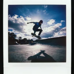 analog polaroid photograph of a skateboarder doing an ollie, azure sky, big clouds visible, sunlight, reflection, sparkles, lensflare, film grain, depth of field, color bleed