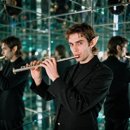 infinite mirror album cover of a 3 / 4 view of a nosferatu playing the flute, elf ears, looking at the camera, galactic disco funk, infinite mirror, vintage, grainy