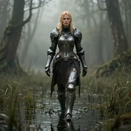 female knight treking in the swamp, dressed, blonde hair, symmetry, sci - fi, dark fantasy light, perfect composition, 4 k, ultra hd, sense of awe, highly detailed, realistic, intricate, created by wayne barlowe