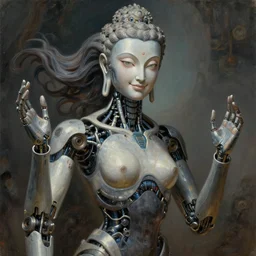 perfectly a biomechanical android alien robot female buddha with, flowing hair, intense stare, sarcastic smile, teaching humans on enlightenment, concept art, intricate detail, volumetric shadows and lighting, oil painting by alex grey and gustave dore,