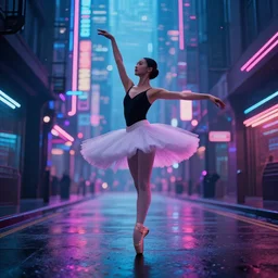 professional photo of ballerina on cyberpunk street, synthwave, blade runner 2 0 4 9, hyperrealistic masterpiece, trending on artstation, cgsociety, kodakchrome, golden ratio, cinematic, composition, beautiful lighting, hyper detailed, sharp focus, octane render, 4 k, unreal engine