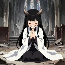 cute japanese girl with small horns, sharp and pointy vampire teeth, dressed in an old white coat, praying on the floor of a destroyed church, with her eyes and mouth closed and an evil smile, full body, complex artwork by Yoji Shinkawa