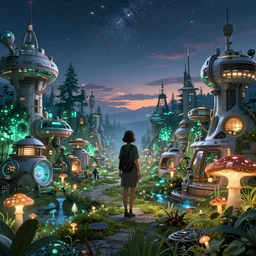 girl in solarpunk scifi village, evening, 4 k, ultra realistic, detailed, epic lighting, starry sky, technology, glowing forest, mushrooms, machines, futuristic building, high detail, masterpiece, trending on artstation by frederic daoust and akihito tsukushi and takeshi nogami