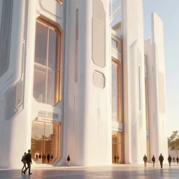 pods attached to the walls of a monument with cyberpunk motifs, by tim blandin and arthur haas and bruce pennington and john schoenherr, big windows architecture by zaha hadid, octane render, warm colour scheme, white, cinematic, scenery, cgsociety, modernism, futuristic, trending on artstation, sci - fi, high detail, high quality, close up angle, people walking