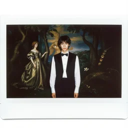 instax of The Son of Man from Vogue editorial fashion photography, dressed by Givenchy and Salvatore Ferragamo, haute couture painted by Andrea Pozzo, still frame of Pan's Labyrinth and Prometheus by Guo Jian and Yue Minjun, in lush brass porcelain by Javier Medellin Puyou,