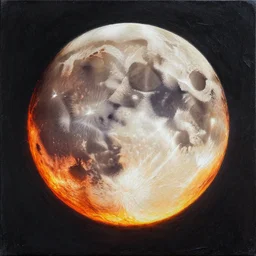 hyper realistic ultra realistic painting of the moon on fire by lisa frank inspired by zdzislaw beksinski, highly detailed background, scraped paint