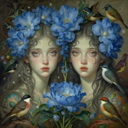 breathtaking detailed concept art painting blend of two goddess of light blue flowers by hsiao - ron cheng with anxious piercing eyes, vintage illustration pattern with bizarre compositions blend of flowers and fruits and birds by beto val and john james audubon, exquisite detail, extremely moody lighting, 8 k
