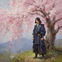 samurai beside a cherry blossom tree by x, oil painting, trending on artstation, masterpiece, gorgeous composition, fine art, high quality