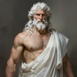 painted portrait of rugged zeus greek god, white hair masculine mature handsome seductive powerful authoritative upper body toned burly hairy white robe fantasy, intricate, elegant, extremely detailed digital painting trending artstation concept art sharp focus, illustration, art by greg rutkowski magali villeneuve craig mullins