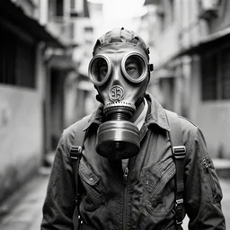 A photograph of a man in a gas mask and a flight suit, inside the Kowloon Walled City. Film Noir. High Contrast. Black and White.