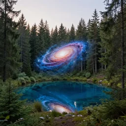 abstract glass sculpture of a galaxy hovering above a clear blue lake in a clearing in the middle of an evergreen forest at dawn