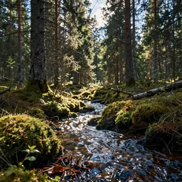 bright nordic forest, sparkling spirits, detailed wide shot, water, ground detailed, wet eyes reflecting into eyes reflecting into infinity, beautiful lighting