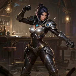hyper detailed ultra sharp full body character portrait of a woman with a realistically proportioned face in hextech armor doing an action pose standing in a destroyed bar, cinematic lighting, good value control, league of legends splash art, photorealistic eyes, smooth, realistic shading, painted texture maps, substance painter, john singer sargent, in the style of studio fortiche