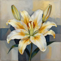 an abstract and detailed painting of a lilies buke made out of geometric shapes, using partly gold paint