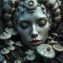 a bio - mechanical pretty sleeping giant woman with mushrooms as camouflage highly detailed, cinematic, perfect face, cyberpunk, fine details, studio lighting, subtle shadows, art by stephen bliss, unreal engine, fantasy art by greg rutkowski, tom bagshaw, alphonse mucha, detailed and intricate environment, photo - realism, hyper realism, octane render