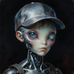 baroque neoclassicist close - up sci - fi portrait of a young alien machine boy wearing a baseball cap with big glowing eyes, pearlescent chrome. dark black ominous background, glowing atmosphere. highly detailed science fiction horror painting by norman rockwell, frank frazetta, and syd mead. rich colors, high contrast, gloomy atmosphere. trending on artstation and behance.