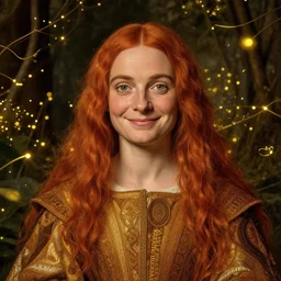 mr bean, serene smile surrounded by golden firefly lights, amidst nature fully covered by a intricate detailed dress, long red hair, precise linework, accurate green eyes, small nose with freckles, smooth oval shape face, empathic, expressive emotions, dramatic lights spiritual scene, hyper realistic ultrafine art by artemisia gentileschi, jessica rossier, boris vallejo