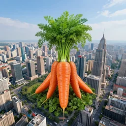 a professional photo of a city made of carrots, sky - high view, wide - angle, 4 k, very detailed photo, bird - eye view