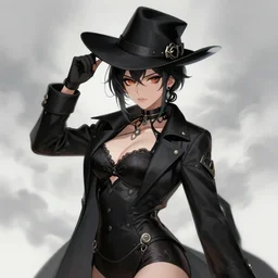 lady with eyeliner makeup from genshin impact in triangle fedora hat and black coat, wavy lingeries, cloudy backgorund, intricate, elegant confident pose, sharp focus, illustration, highly detailed, digital painting, concept art, art by wlop and artgerm and ross tran and greg rutkowski, masterpiece