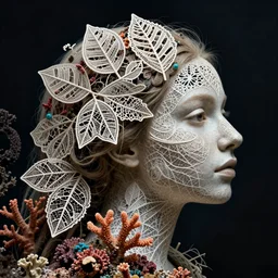 a woman's face in profile, hair entwined in a coral reef, made of intricate decorative lace leaf skeleton, in the style of the dutch masters and gregory crewdson, dark and moody