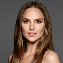 Beautiful Head and shoulders portrait of confident flirty Natalie Portman with straight long brown hair, by Zoë Mozert , Stephen Wayda , alberto Vargas, arney freytag, artstation, 35mm, fashion photoshoot, posing in an urban street, golden hour, bokeh, rim lighting, fashion pose, octane, 4k