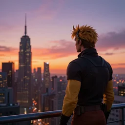 Still of Captain Falcon watching a city skyline sunset in the movie Blade Runner, cinematic lighting, 4k