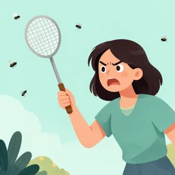 an angry woman holding a fly swatter searching for the flies, flies everywhere, illustration