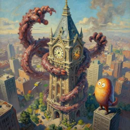 a beautiful painting of a towering living throbbing gripping twisting aaahh!!! real monsters clock tower monster by james gurney and beeple | seen from above | establishing shot | unreal engine :. 3 |