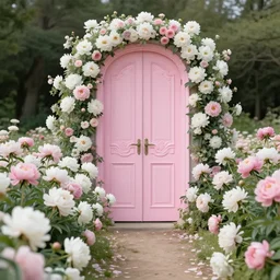 a full size ornate pink door in a field of white and pink peonies and roses. pastel flowers growing from the ground next to the door. path of pastel flowers, high resolution, 8 k,