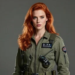 epic professional digital portrait art of attractive thin redhead woman wearing airforce jumpsuit, 3 0 mm lens, facing front, by neal adams, artstation, cgsociety, wlop, epic, much wow, much detail, gorgeous, detailed, cinematic, masterpiece