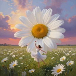 giant white daisies flower as head, girl dancing in a flower field, surreal photography, sunrise, dramatic light, impressionist painting, colorful clouds, digital painting, artstation, simon stalenhag