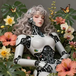 a beautiful fine art RPG portrait photo of a resting cyberpunk gigeresque robot, wavy hair spread out, surrounded by hibiscus, daffodils, moth orchids, swallowtail butterflies, montsera leaves, soft studio lighting, 50mm lens, very detailed, bionic, robotic, deep depth of field, artstation, 4K