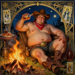a dramatic, epic, ethereal painting of a !handsome! thicc mischievous shirtless cowboy with a beer belly!! wearing a large belt and bandana offering a whiskey bottle | he is relaxing by a campfire | background is a late night with food and jugs of whisky | homoerotic | chubby, stars, tarot card, art deco, art nouveau, intricate | by Mark Maggiori (((and Alphonse Mucha))) | trending on artstation