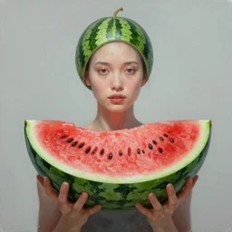 a surrealistic painting of a beautiful transhuman woman that seems to be made of warermelon. Artstation HQ 4K