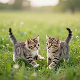 photorealistic potrait of two kittens playing in a field of catnip, wide angle lens, bokeh filter, hyperrealism