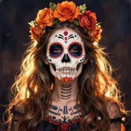 illustration of a sugar skull day of the dead girl, art by gaston bussiere