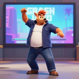 trevor philips dressed as a billionar dancing with crash bandicoot, gta v loading screen style
