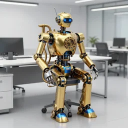 photo of a golden and blue metal steampunk office robot with gears and tubes sitting in a modern office, on the office table and floor is a mountain of money bills, eyes are glowing red lightbulbs, shiny crisp finish, 3 d render, 8 k, insaneley detailed, fluorescent colors, background is multicolored lasershow