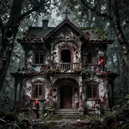chinese horror detailed art, house of the deceased, cinematic view, detailed, concept art, high detail, dark fantasy lighting, volumetric, trending on artstation, art greg rutkowski