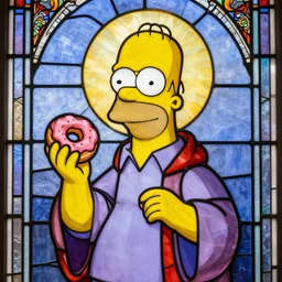 stained glass of Saint Homer Simpson, wearing a robe, holding a donut with pink icing, blessing, halo, peaceful, sunlight shines through, award winning photograph