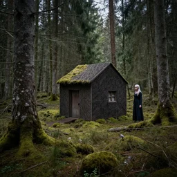 A forest full of trees and moss, the scene contains a singular hut with a strange figure standing nearby, Photography, dark, intricate cube, Bleda, Elsa