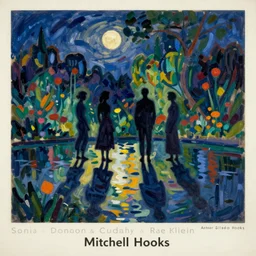 silhouetted figures in the night enshrouded in an impressionist representation of Mother Nature and the meaning of life by Sonia Delaunay and Igor Scherbakov, the figures cast their shadows on the still water, abstract colorful lake garden at night, the moon reflects in the water, thick visible brush strokes, figure painting by Anthony Cudahy and Rae Klein, vintage postcard illustration, minimalist cover art by Mitchell Hooks
