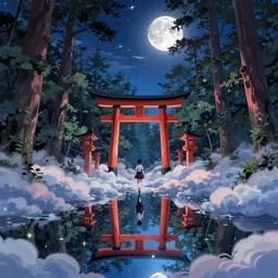 genshin walking in a cloud pond forest, fushimi inari shrine, dreamscape, cinematic, shooting stars, mirror reflection, midnight, moon, vibrant colors, anime illustration, award winning, by makoto shinkai, pixiv fanbox
