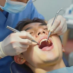 low angle view closeup of a dentist preparing his patient's mouth oil paiting