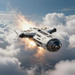 space ship bursting through the clouds, dramatic cinematic action shot, matte painting, concept art, realistic, fluffy clouds, sci fi, space craft, 8k
