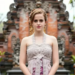 emma watson wearing kebaya bali in bali. temple background. front view. instagram holiday photo shoot, perfect faces, award winning photography