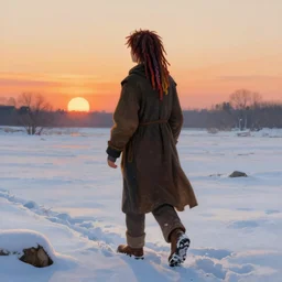 ''boy with colored dread hair walking backwards in the snow, sunset, renaissance style painting, 8 k ultra resolution, hd, illustration, featured on artstation, professional painting, digital art''