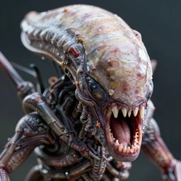 the gaping mandables of face hugger as it flies towards your face, fleshy, alien