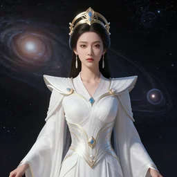 portrait of the powerful empress of the solar system in the style of nuri iyem. glowing, ornate and intricate linework, stunning, dynamic lighting, ultrafine and hyperdetailed.