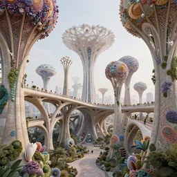 beautiful scifi futuristic biophilic city architectural landscape colorful, arches, cellular bridges, stone columns, rhizomorph finials spires, brackets, fractal puffballs, vincent callebaut composition, iris van herpin, elegant lace haute couture broad embroidered cone trees, porcelain magnolia fluid nebula, soldier lichen, soft light